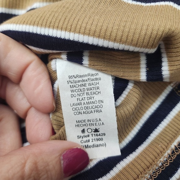 NWT Final Touch Ribbed Knit Tie Front Top M Tan Black White Stripes USA Made‎ - Picture 10 of 10